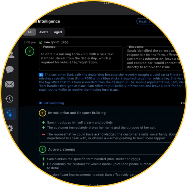 WebFones Call Scoring showing detailed performance ratings