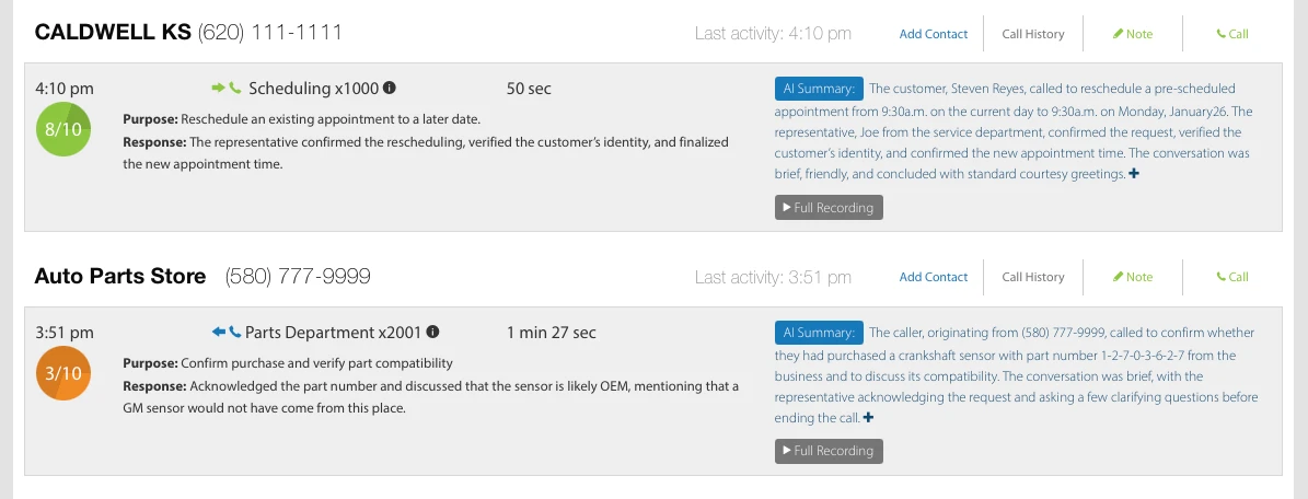 WebFones Call Intelligence interface showing AI summaries, call scoring, and transcriptions