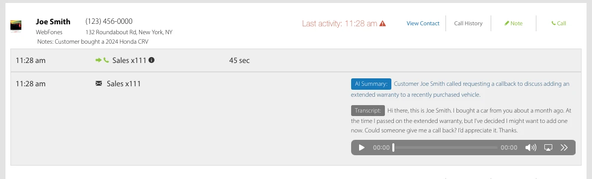 WebFones automatic call transcription showing AI summary and full transcript