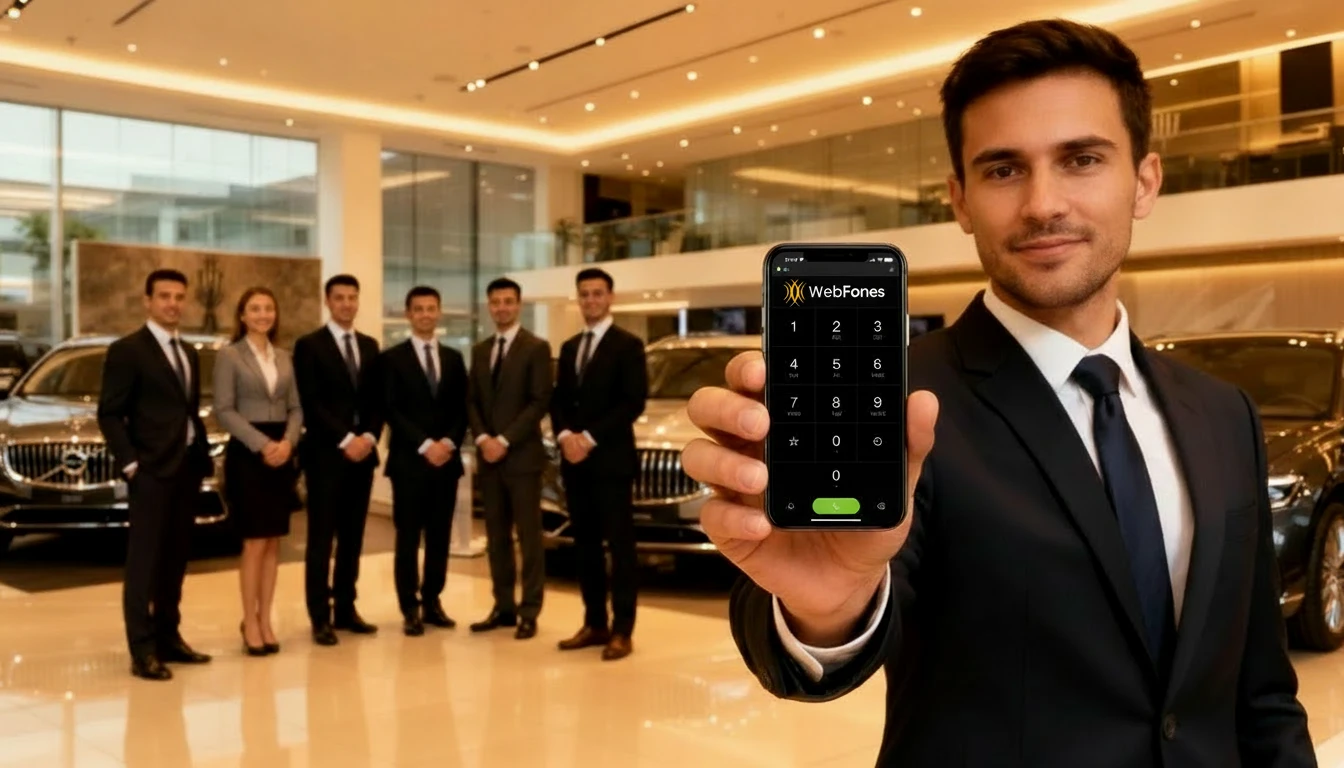 Dealership sales team in a modern showroom, with a salesperson holding the WebFones app