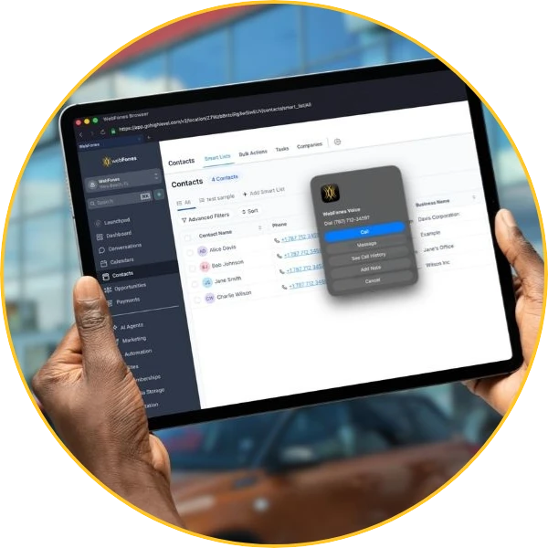 WebFones Browser turning a DMS contact's phone number into a click-to-call action on a tablet at the dealership