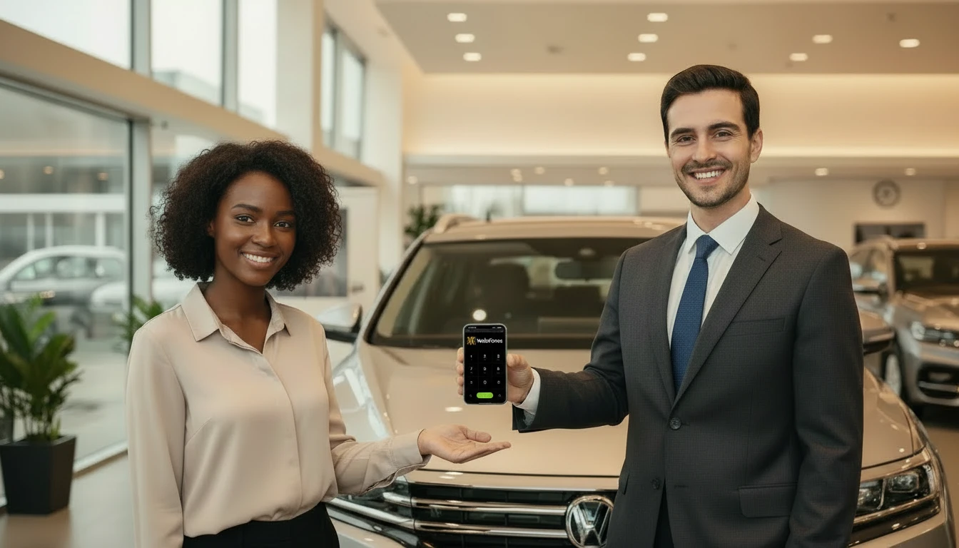 Salesman with iPhone handing keys to happy customer at dealership